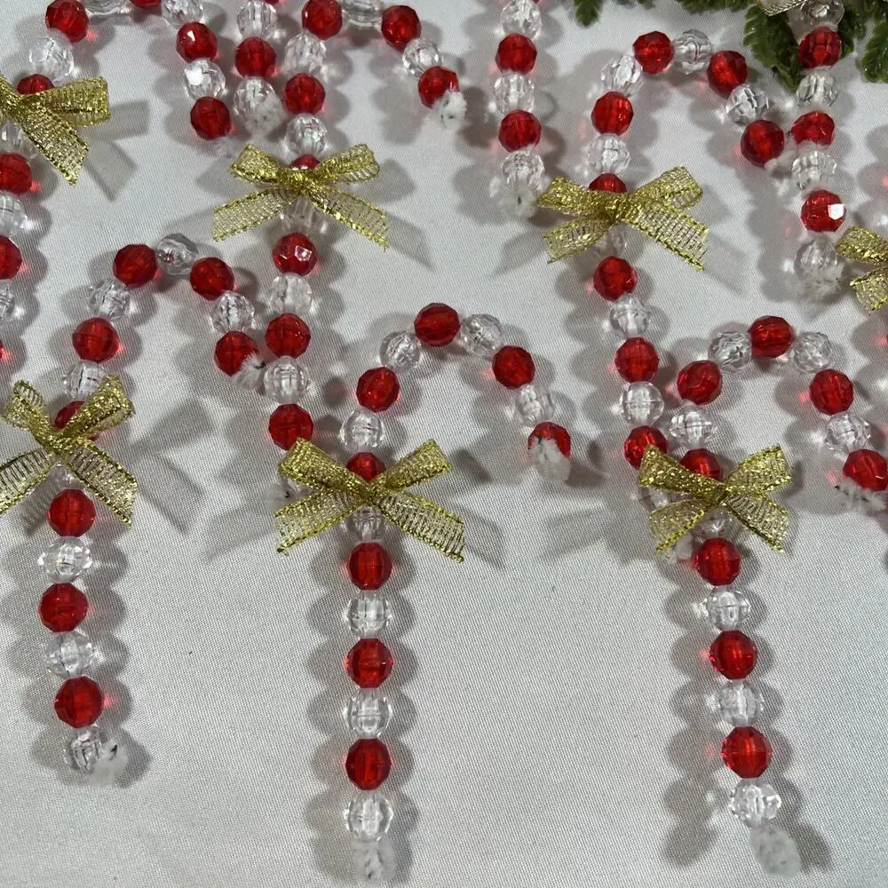 Vintage Beaded Candy Canes on Chenille Stems* Red w/ Modern Bows Set of 16